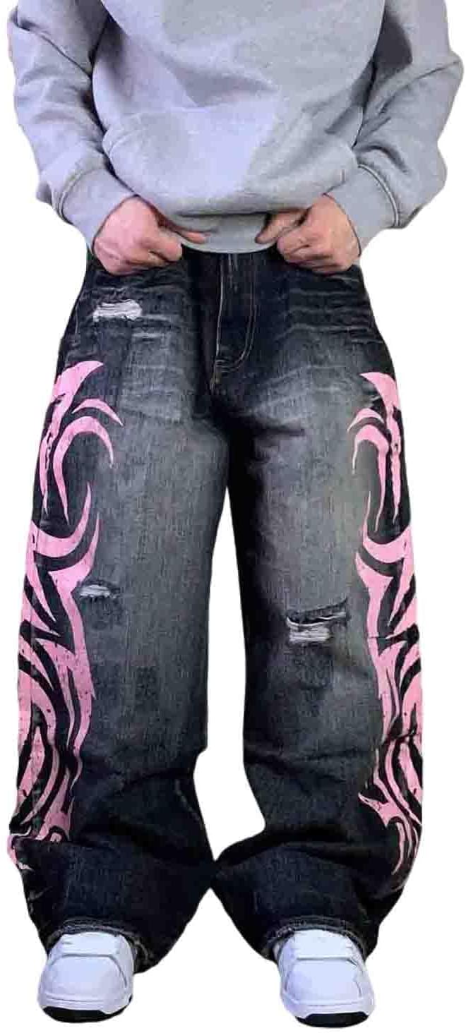 men and men Y2K Streetwear Loose Jeans Retro Totem Print Gothic Pants high Waist Wide Leg Harajuku Hip-hop Pants