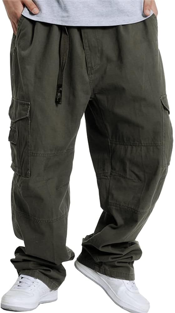 men Baggy Cargo Pants Casual Loose Fit Elastic Waist Cotton Twill Cargo Pants