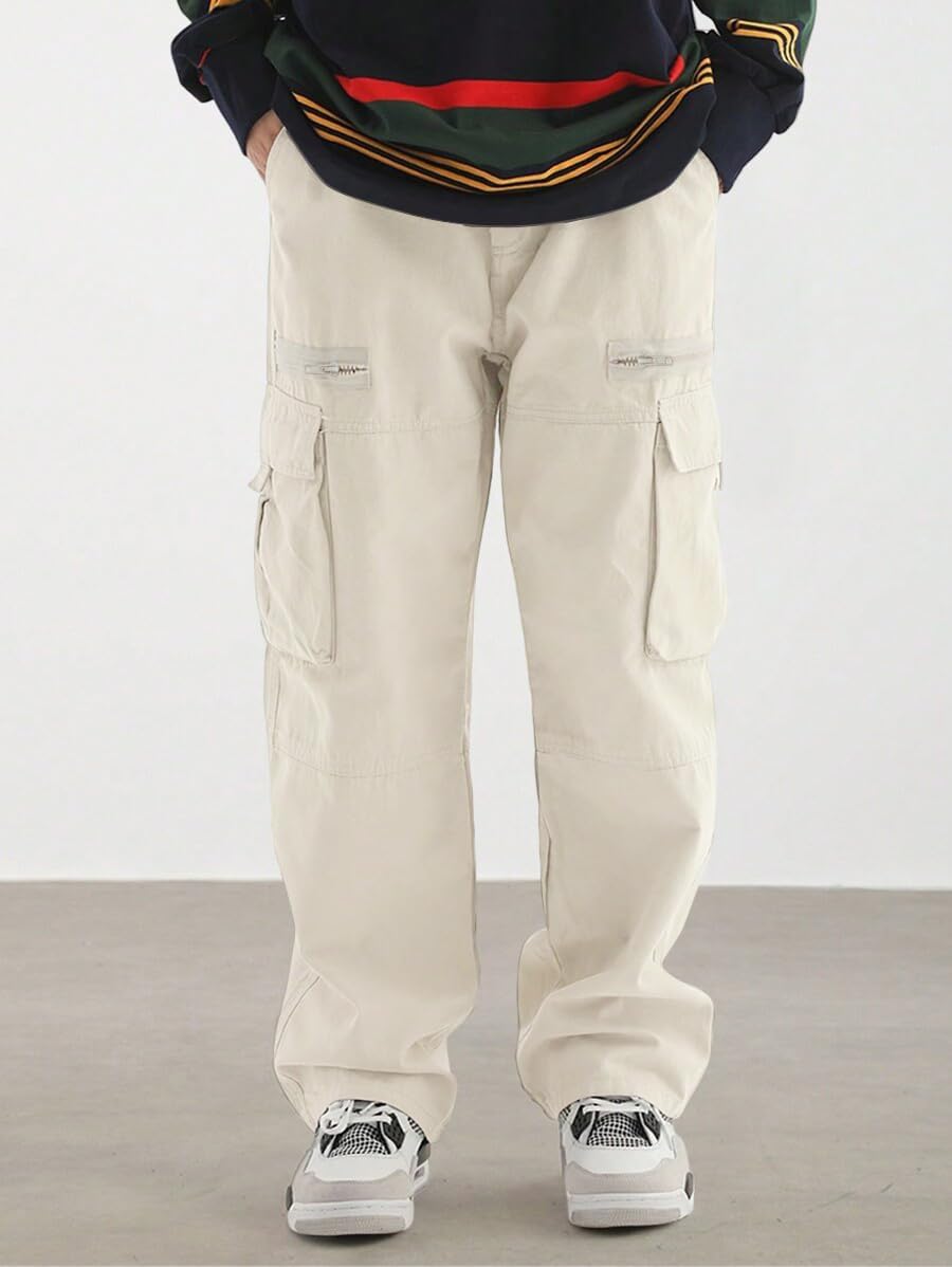 men Wild Cargo Pants Loose Fit Y2K Pants Drawstring Casual Hiking Pants Pocket Zipper Design Straight Trousers