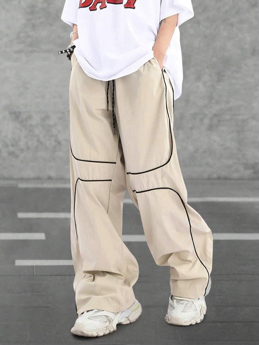 men Baggy Pants Y2K Contrast Piping Drawstring Sweatpants Fashion Unisex Oversized Cargo Pants for Men with Pockets