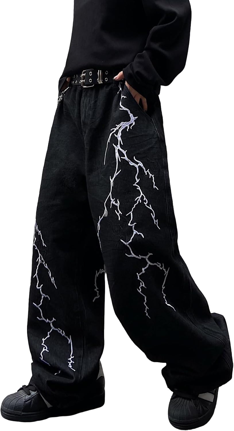 men Hip-hop Embroidered Baggy Jeans Loose Fit Denim Black Trousers - Image 2