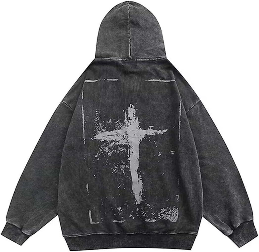 Gothic Cross Print Hoodie Y2K Washed and Aged Print Hooded Sweatshirt Man and Woman Grunge, Harajuku Pullover