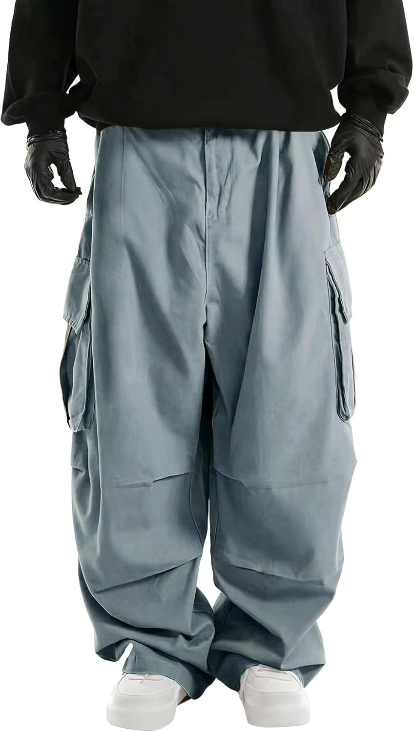 men Baggy Cargo Pants Elastic Waist Drawstring Parachute Cargo Pants Casual Joggers Hiking Pants with Pockets