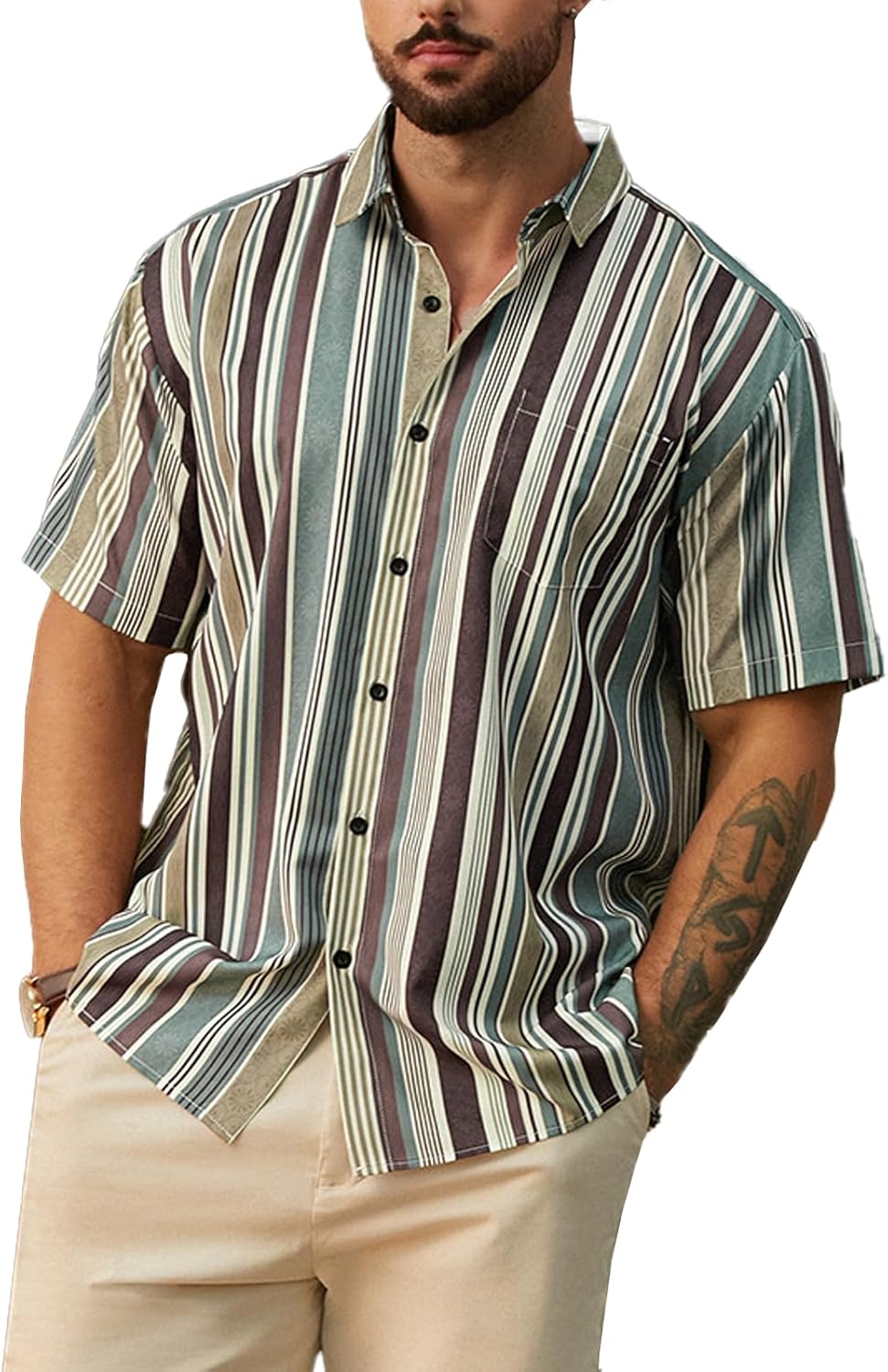 men Striped Shirts Casual Short Sve Button Down Summer Hawaiian Shirts