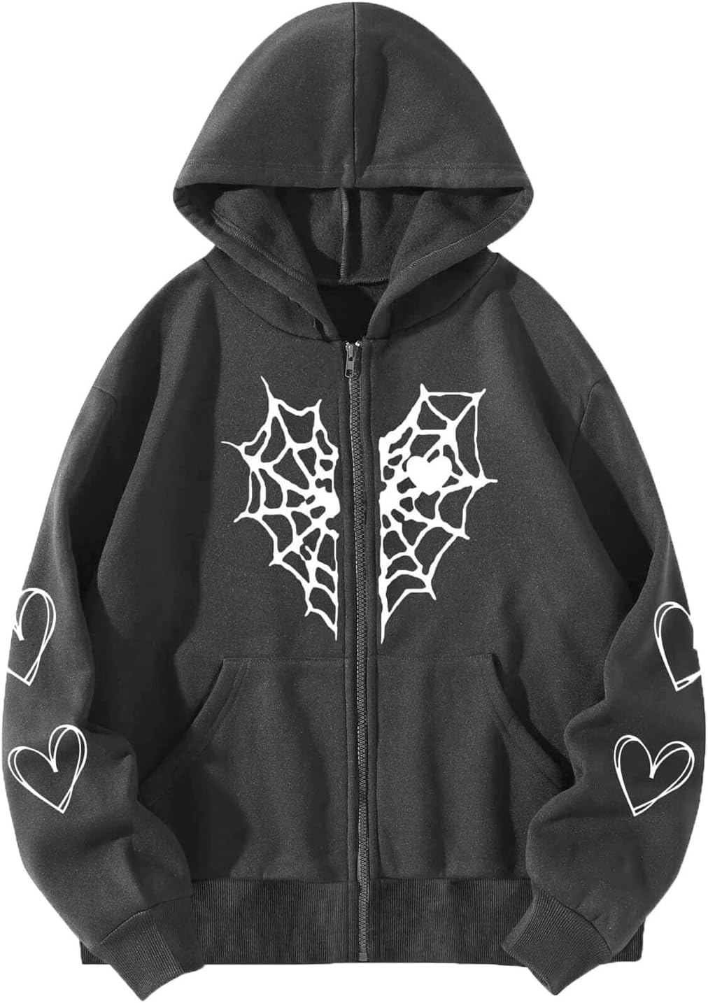 Full Zip Up Hoodies Y2K men Gothic Spiderweb Heart Graphic Hoodie Vintage Punk Harajuku Style Sweatshirts Streetwear