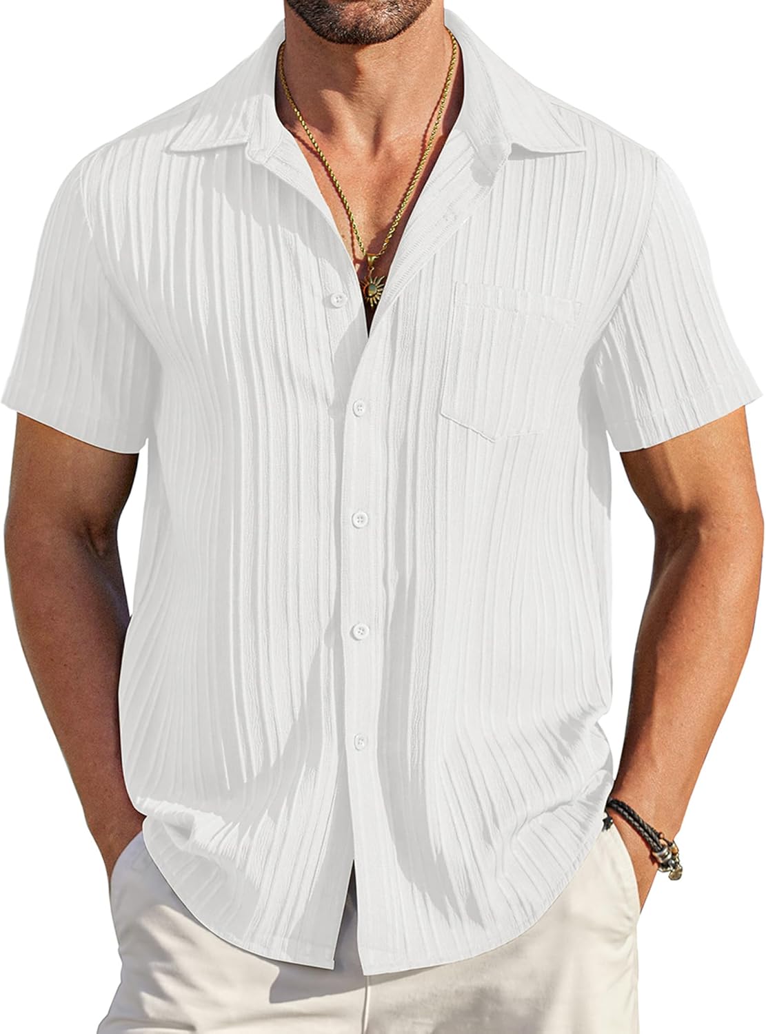 men Casual Button Down Shirts Short Textured Summer Beach Shirt with Pocket