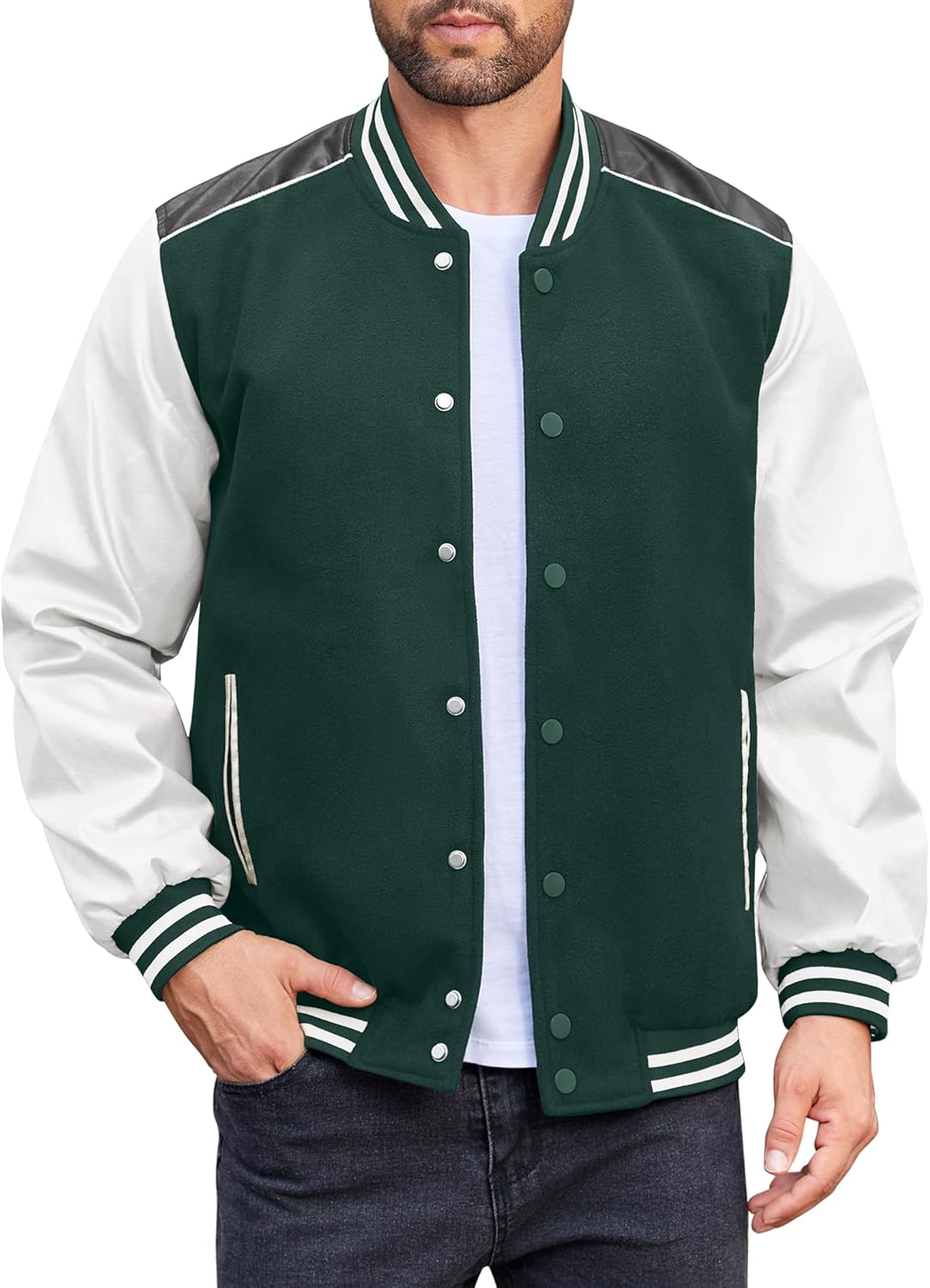 men Varsity Jacket Casual Leather Sve Baseball Letterman Bomber Jacket Coat
