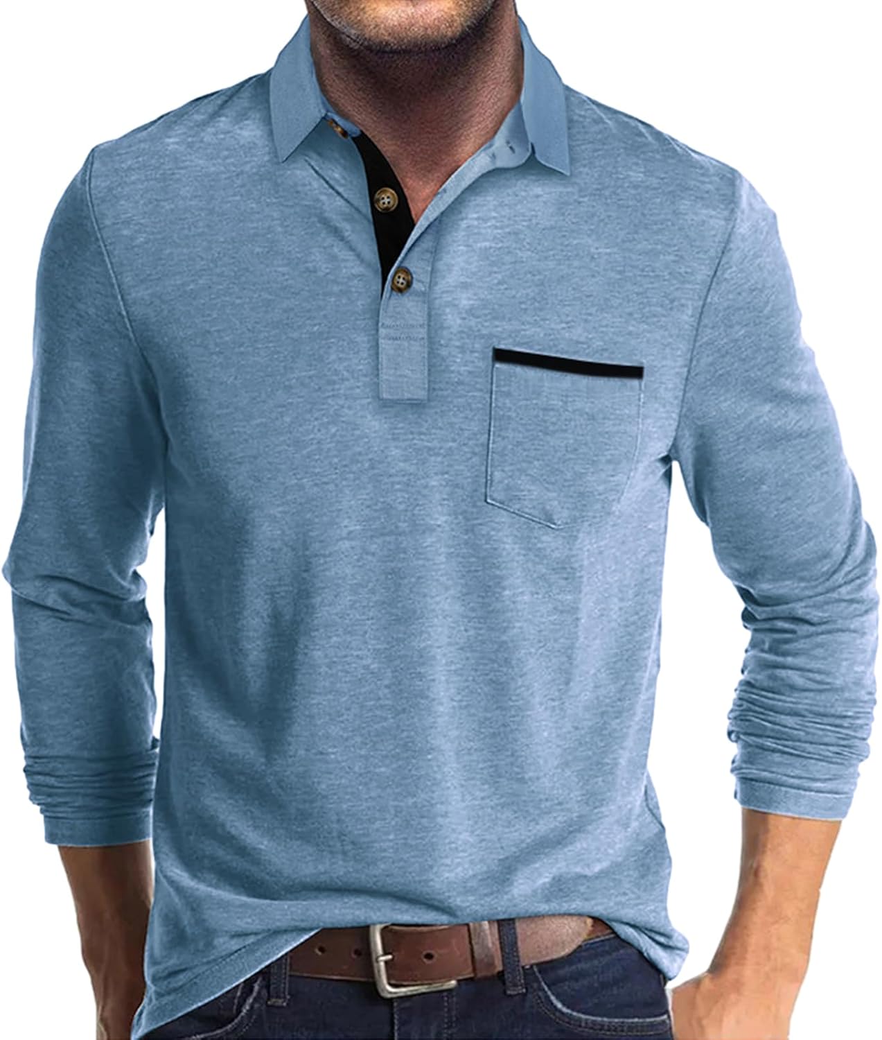 men Fashion Polo Shirts Cotton Classic Long Sve Thermal Button Shirt with Pocket