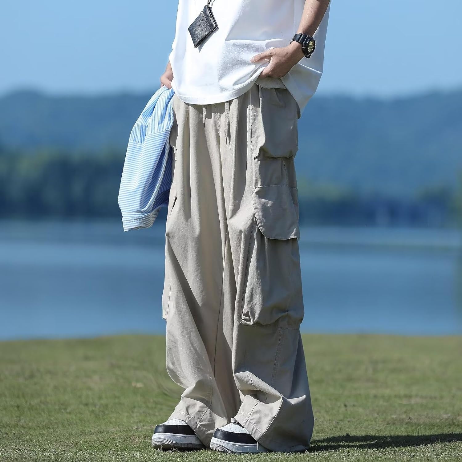 American Retro Straight Paratrooper Overalls men Loose Wide-Leg Pants Bloomers