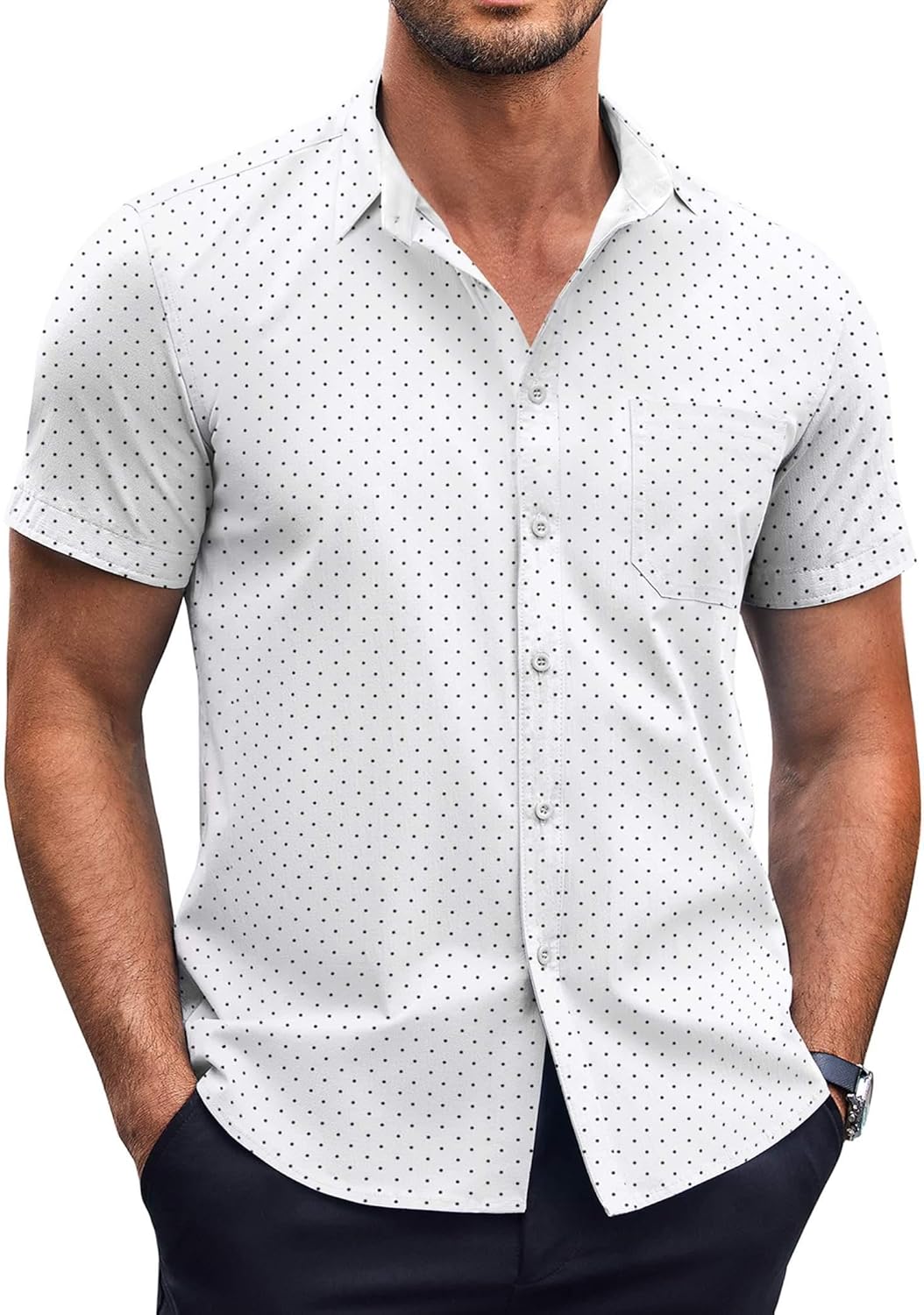 men Short Sve Button Down Shirts Wrinkle Free Dress Shirts Casual Polka Dot Print Shirt with Pocket