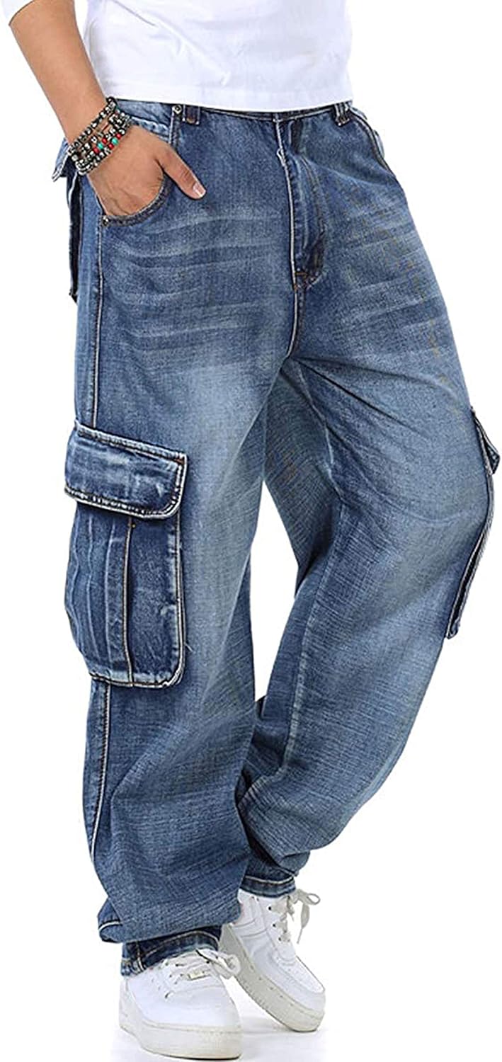 men Casual Loose Hip Hop Denim Work Pants Jeans with Cargo Pockets - Image 2