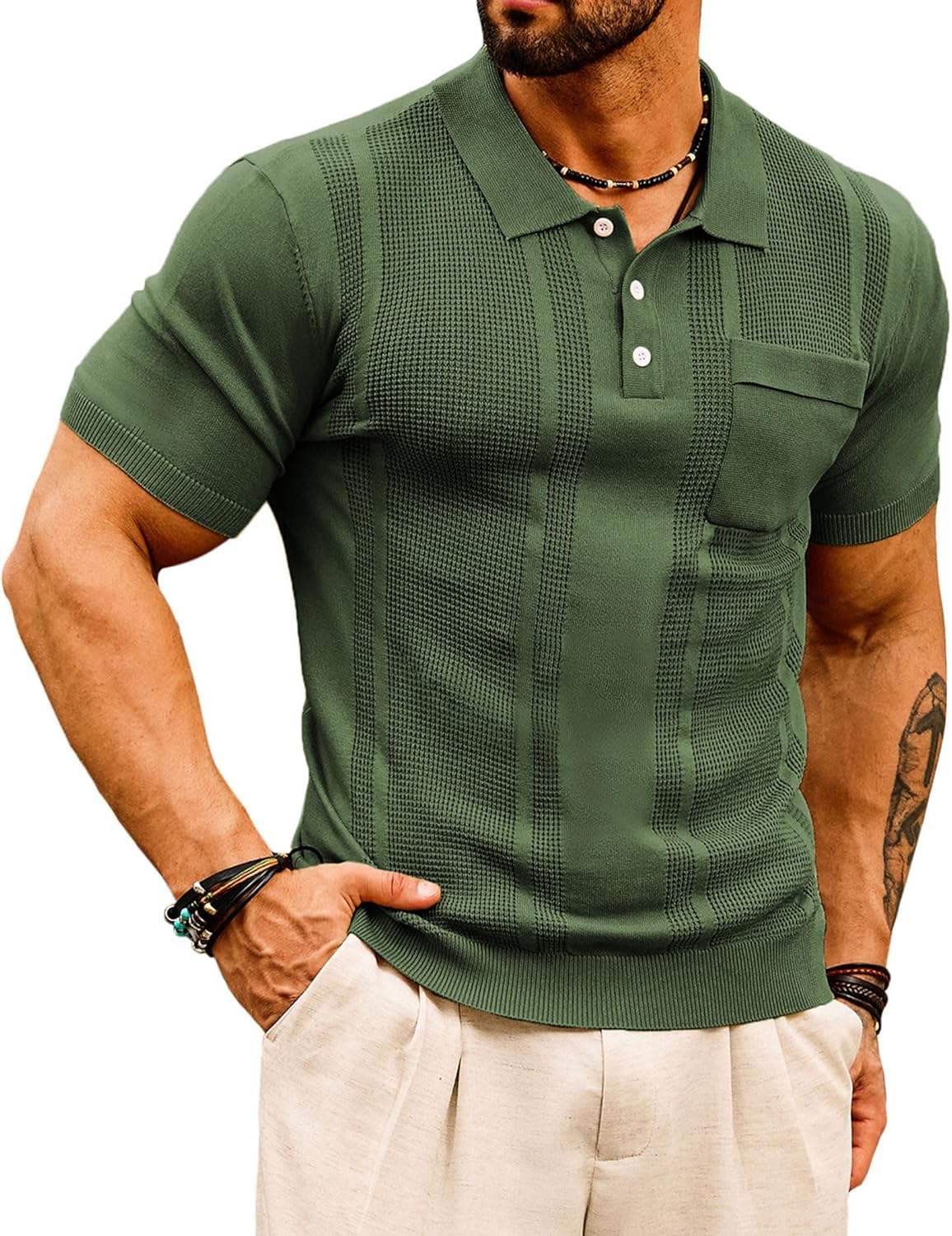 men Knit Polo Shirts Short Texture Lightweight Golf Shirts Sweater
