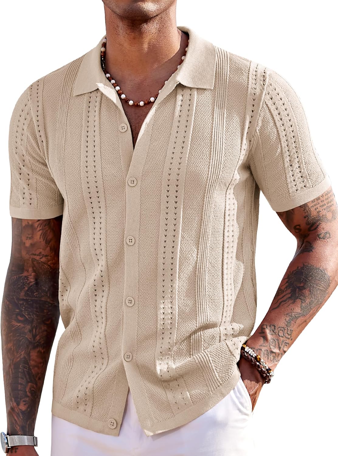 men Knit Shirts Short Button Down Polo Shirt Fashion Casual Summer Beach Shirts