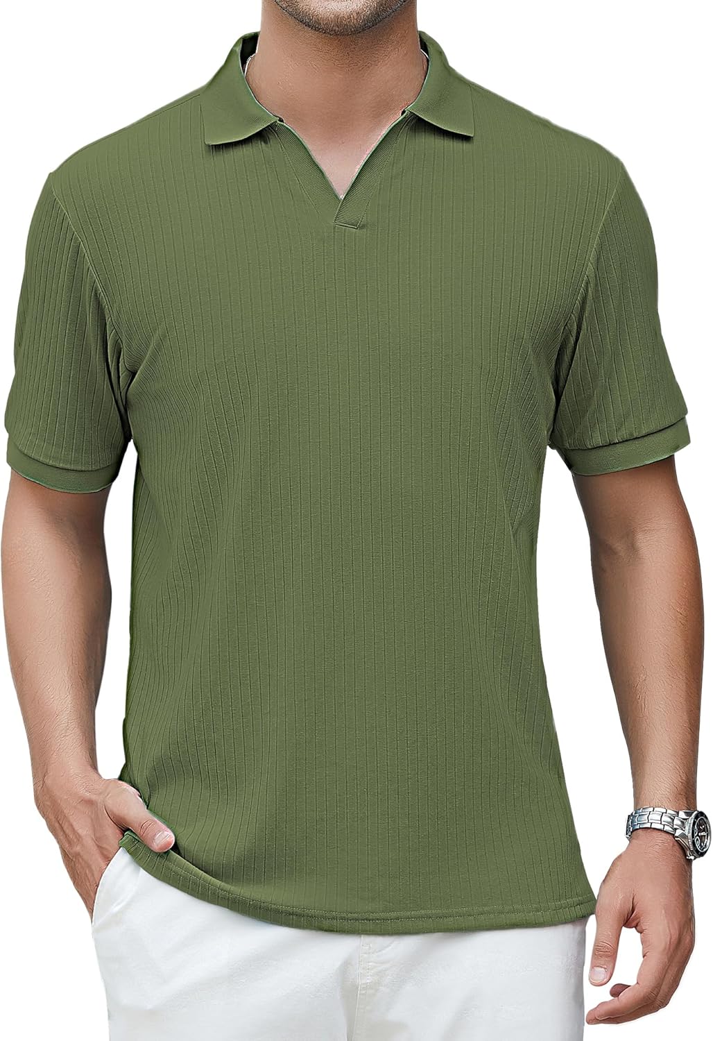 men Cotton Polo Shirts V-Neck Short Sve Casual Shirts for Men