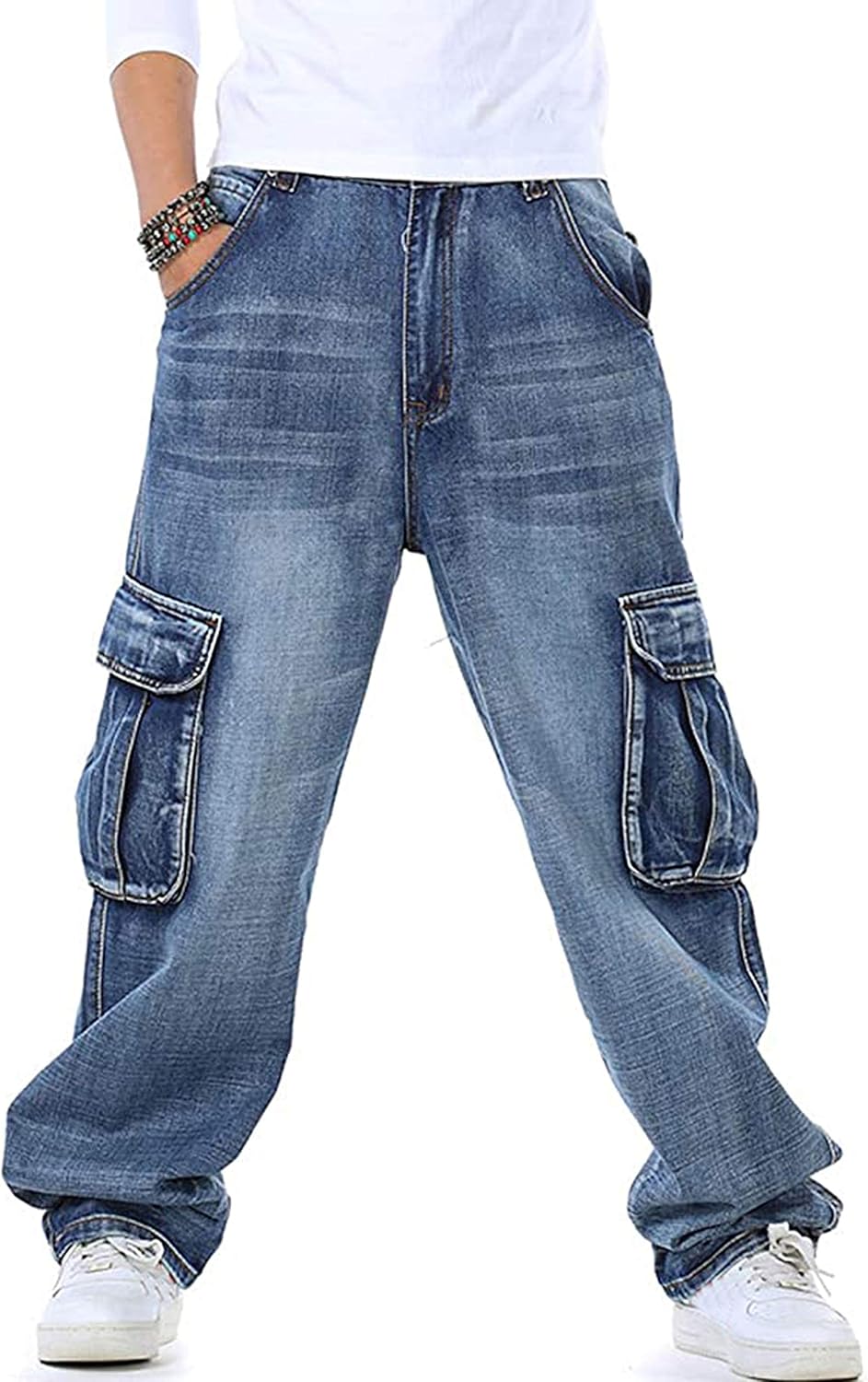 men Casual Loose Hip Hop Denim Work Pants Jeans with Cargo Pockets