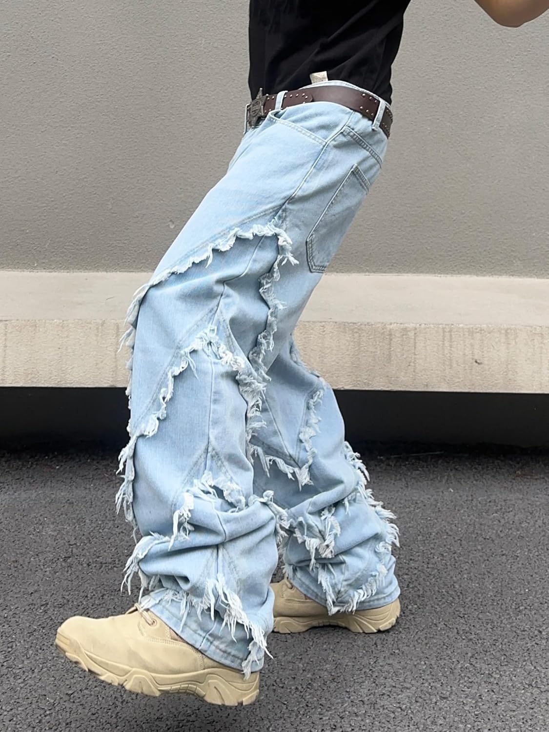 men Baggy Jeans Street Rock Style Fringe Frayed Edges Jeans Patchwork Wide Leg Skater Denim Pant - Image 2