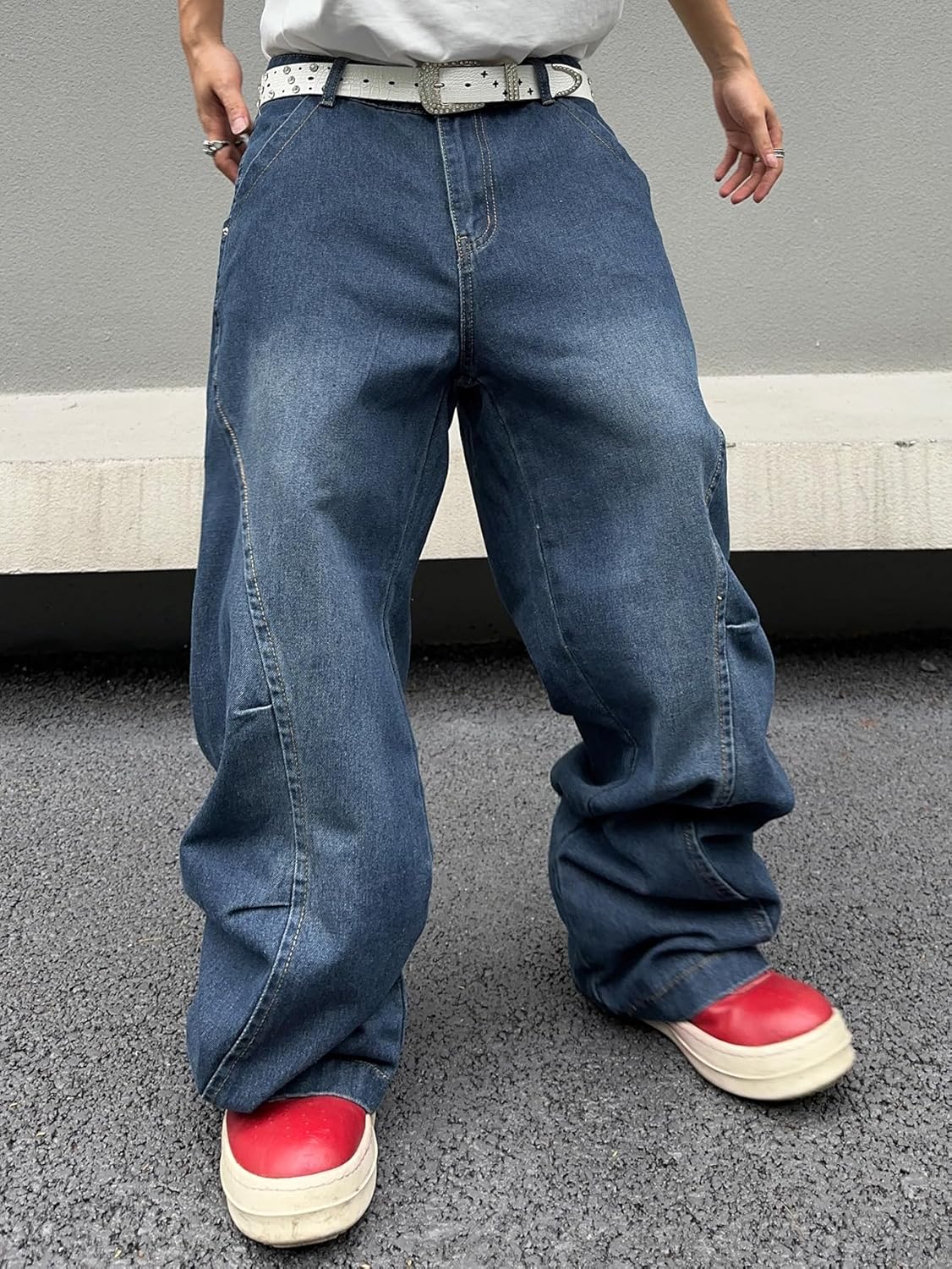 men Irregular Sutures Y2k Hip Hop Baggy Jeans Wide Leg Denim Pants Casual Loose Fit Trousers Streetwear